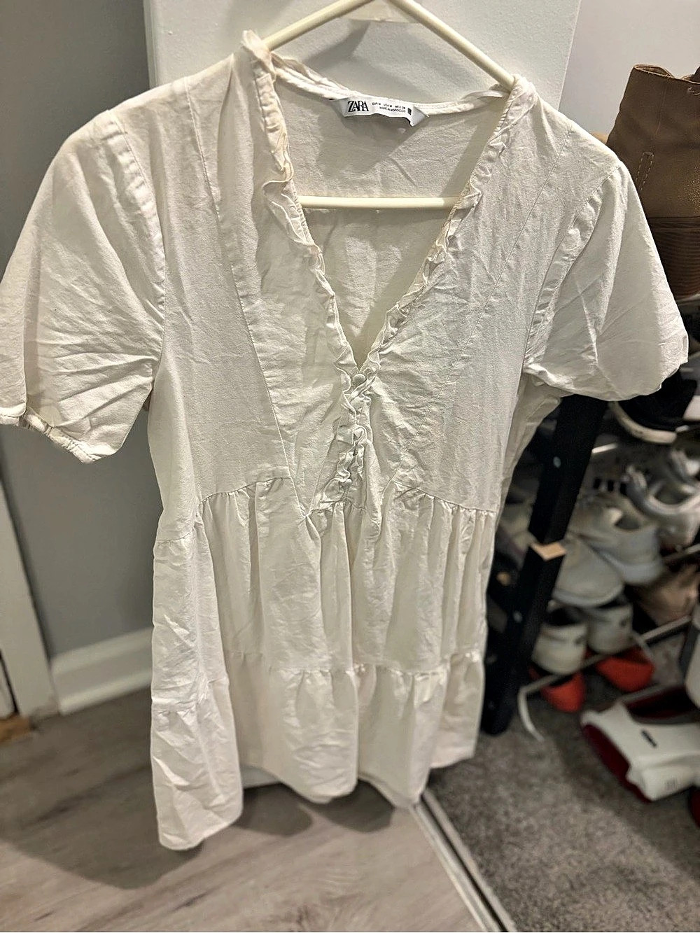 Zara Ruffle Front Mini Dress in White Size Medium Like New